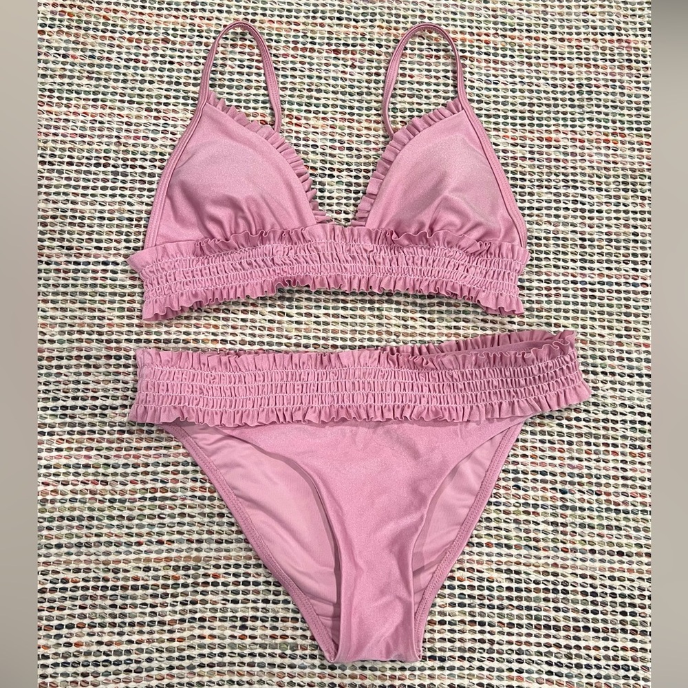 Chelsea And Violet Pink Smocked Ruched Ruffle Bikini Small Top Medium Bottom